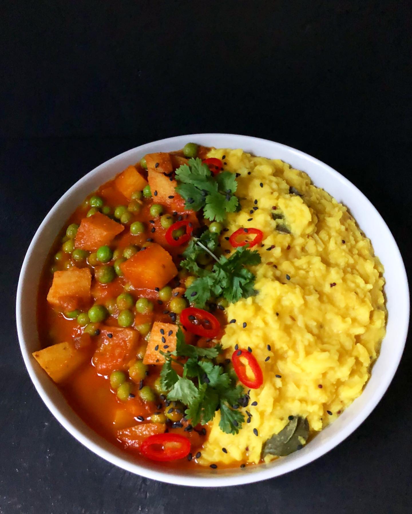 Comforting Khichdi & Shak: Indian Lentil and Rice Dish with Potato & Pea Curry