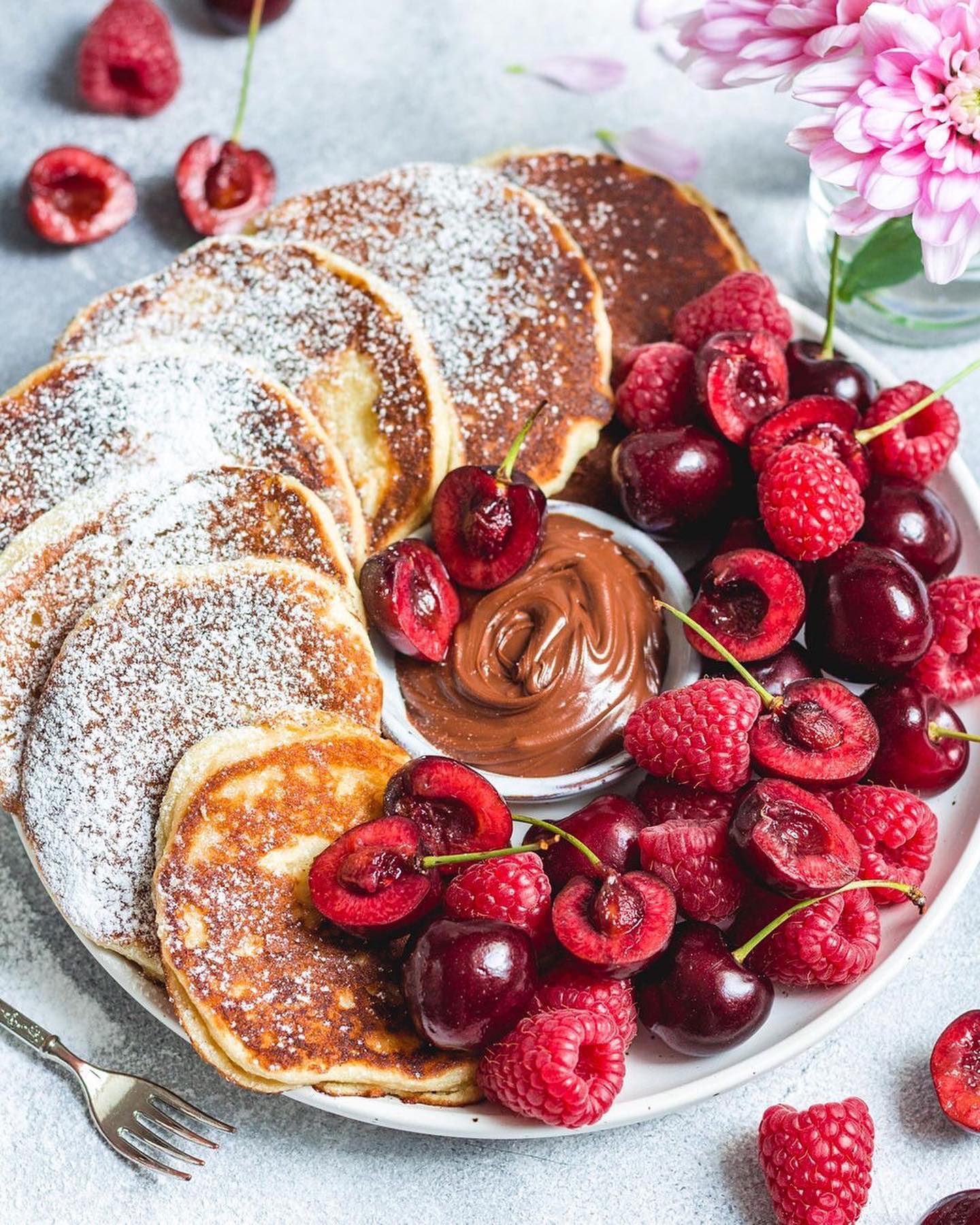 Coconut Yogurt Pancakes with Fruits and Chocolate Spread