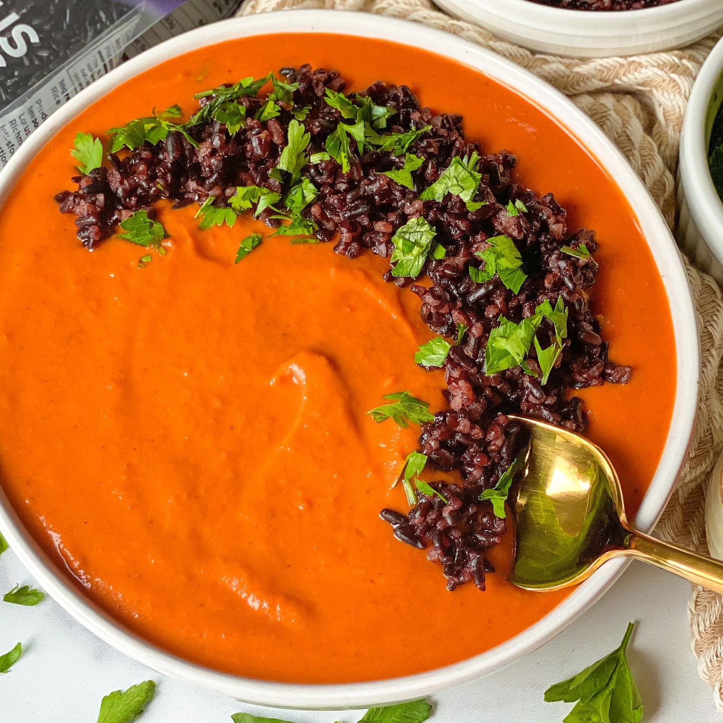 Creamy Red Pepper Sweet Potato Soup with Forbidden Rice