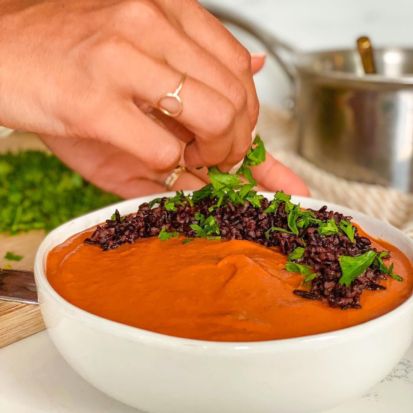 Creamy Red Pepper Sweet Potato Soup with Forbidden Rice