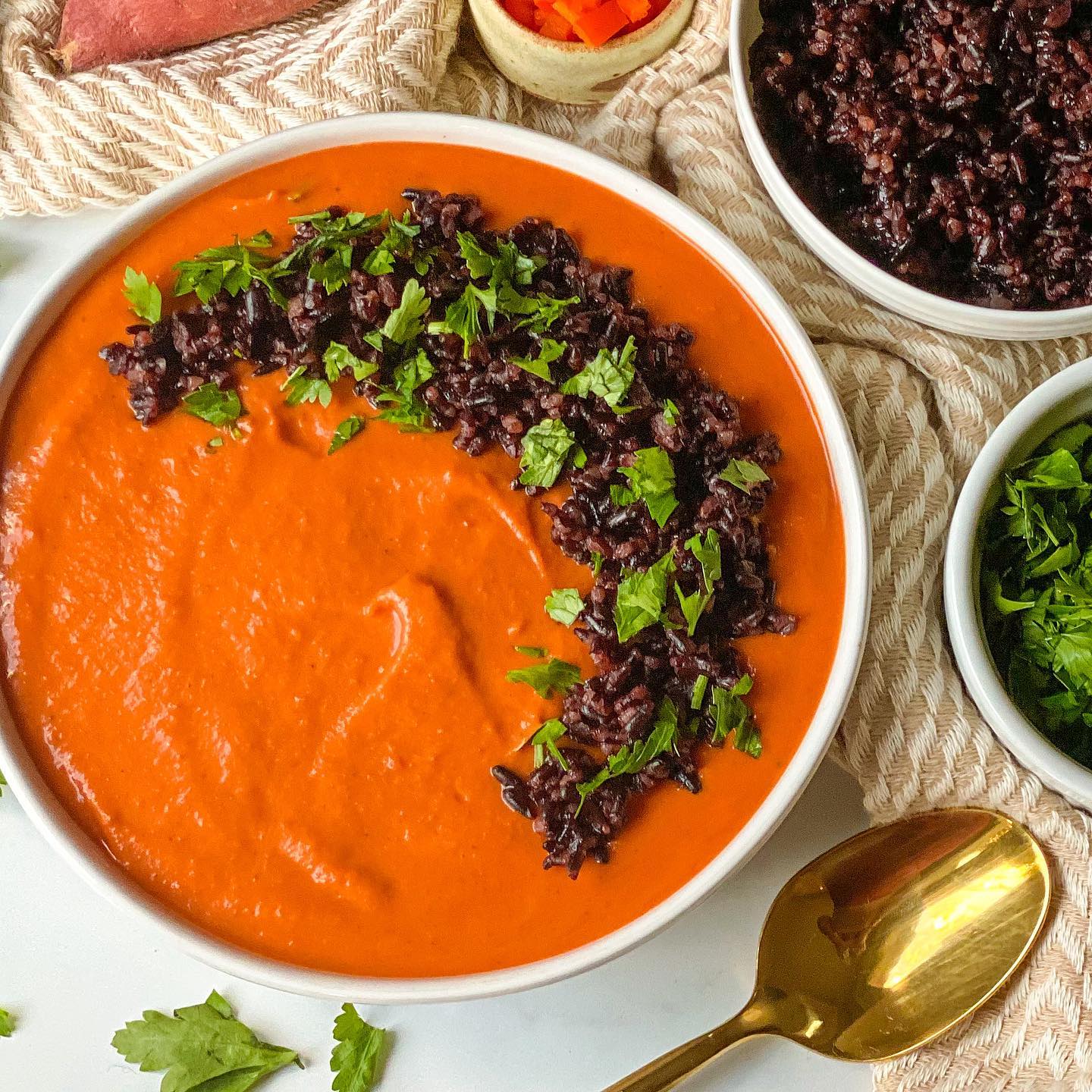 Creamy Red Pepper Sweet Potato Soup with Forbidden Rice