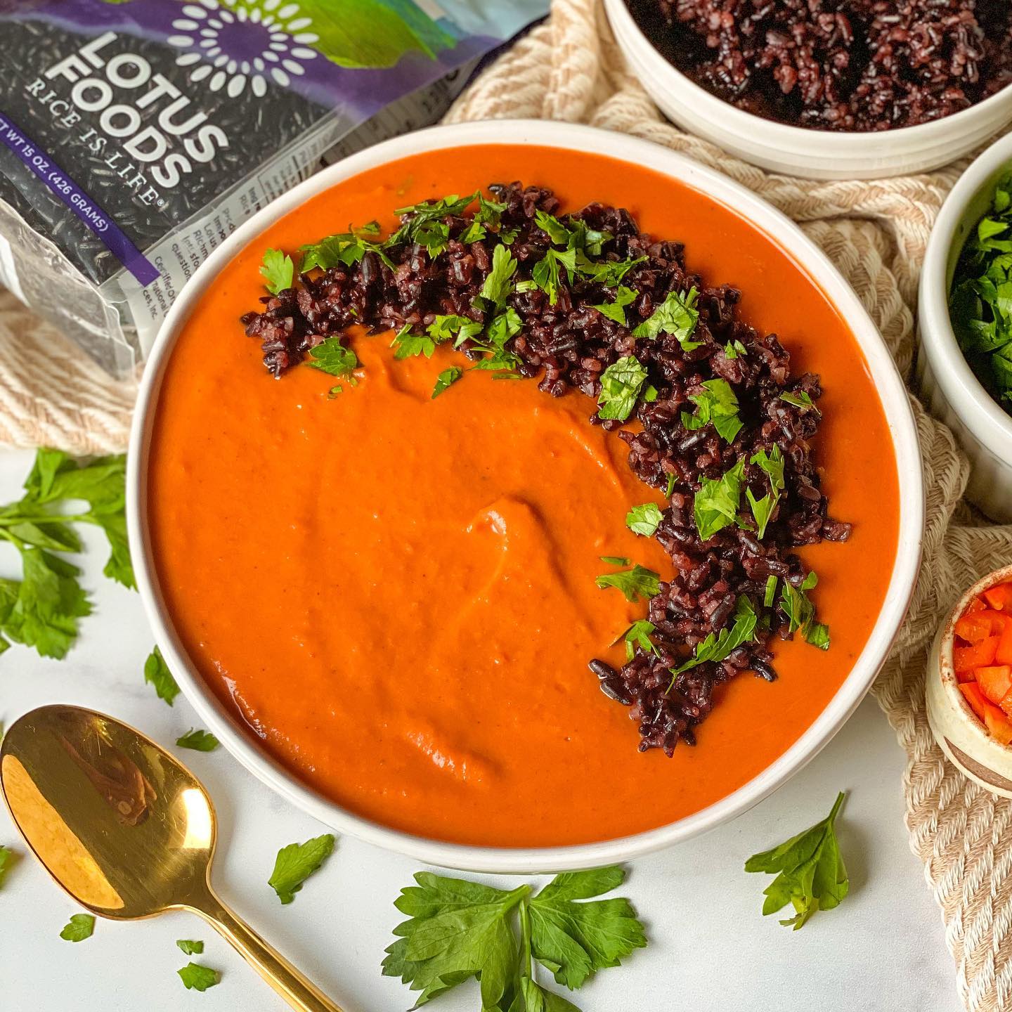 Creamy Red Pepper Sweet Potato Soup with Forbidden Rice