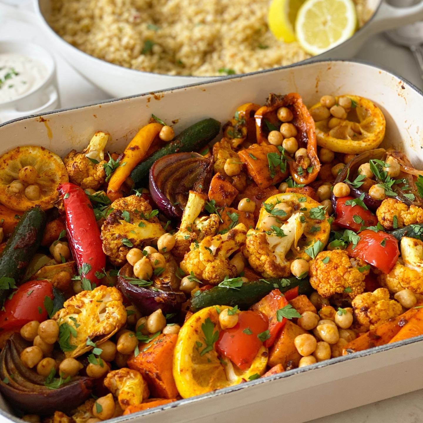 Moroccan Roasted Vegetables with Chickpeas and Tahini