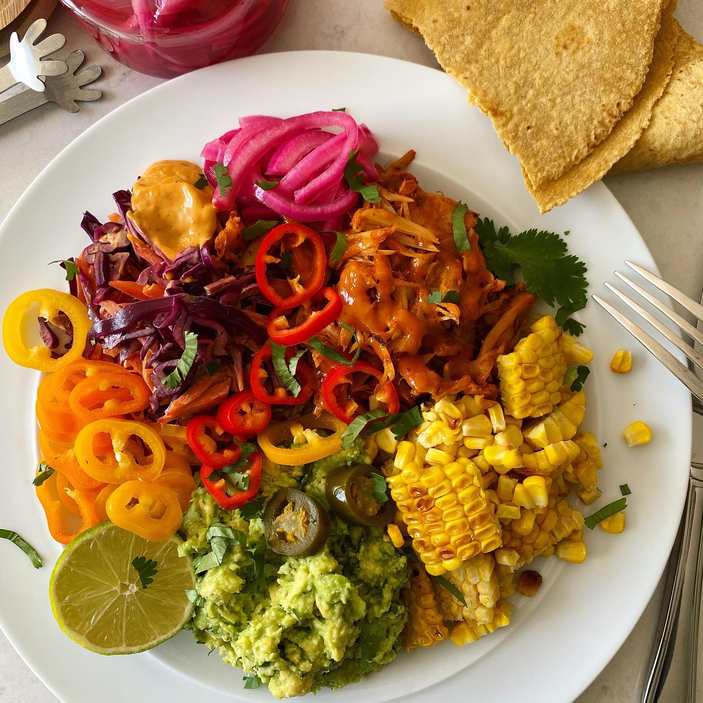 Jackfruit Tacos with Roasted Corn and Slaw