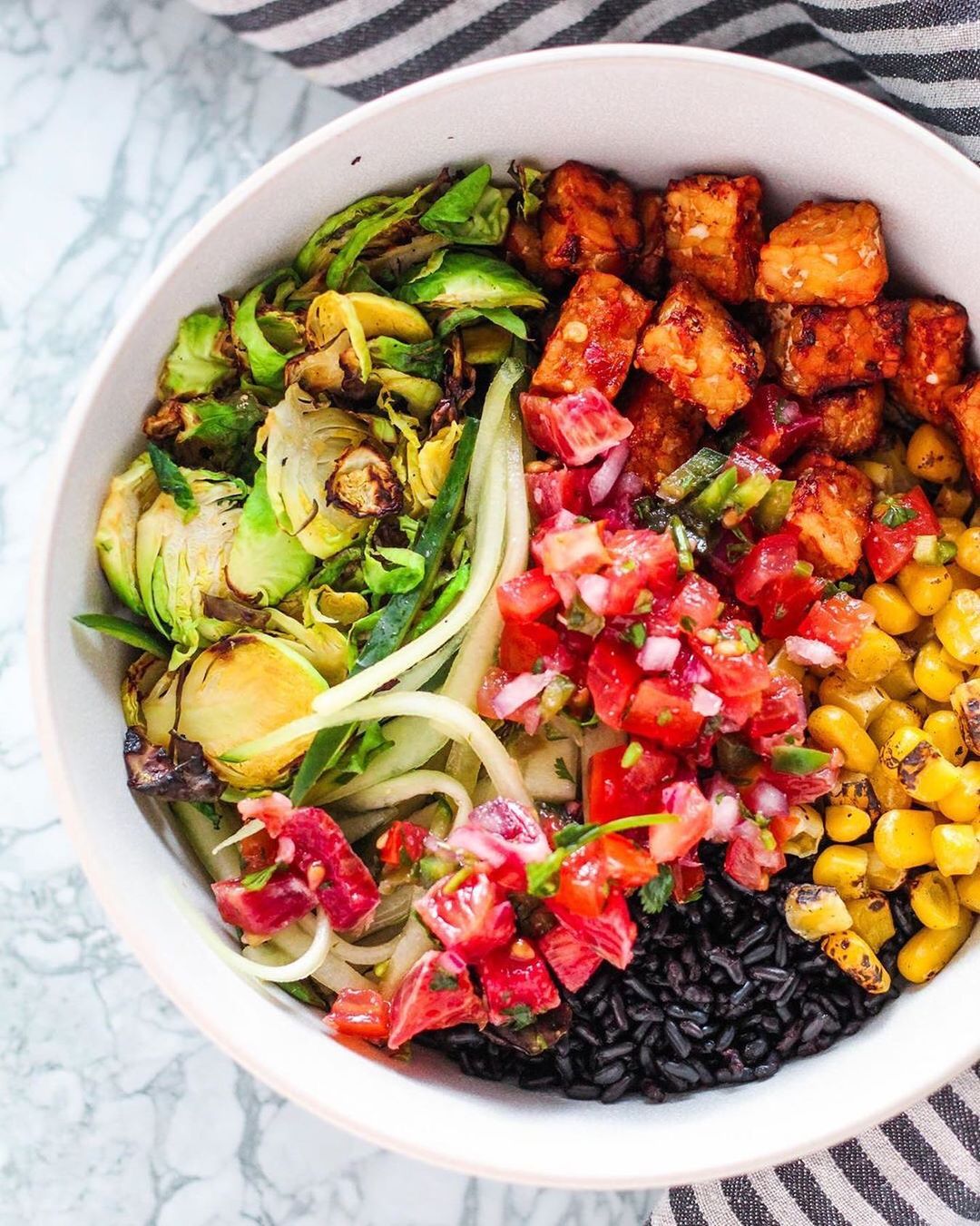 Blood Orange Salsa with Tempeh, Brussel Sprouts, Fire Roasted Corn and Forbidden Rice