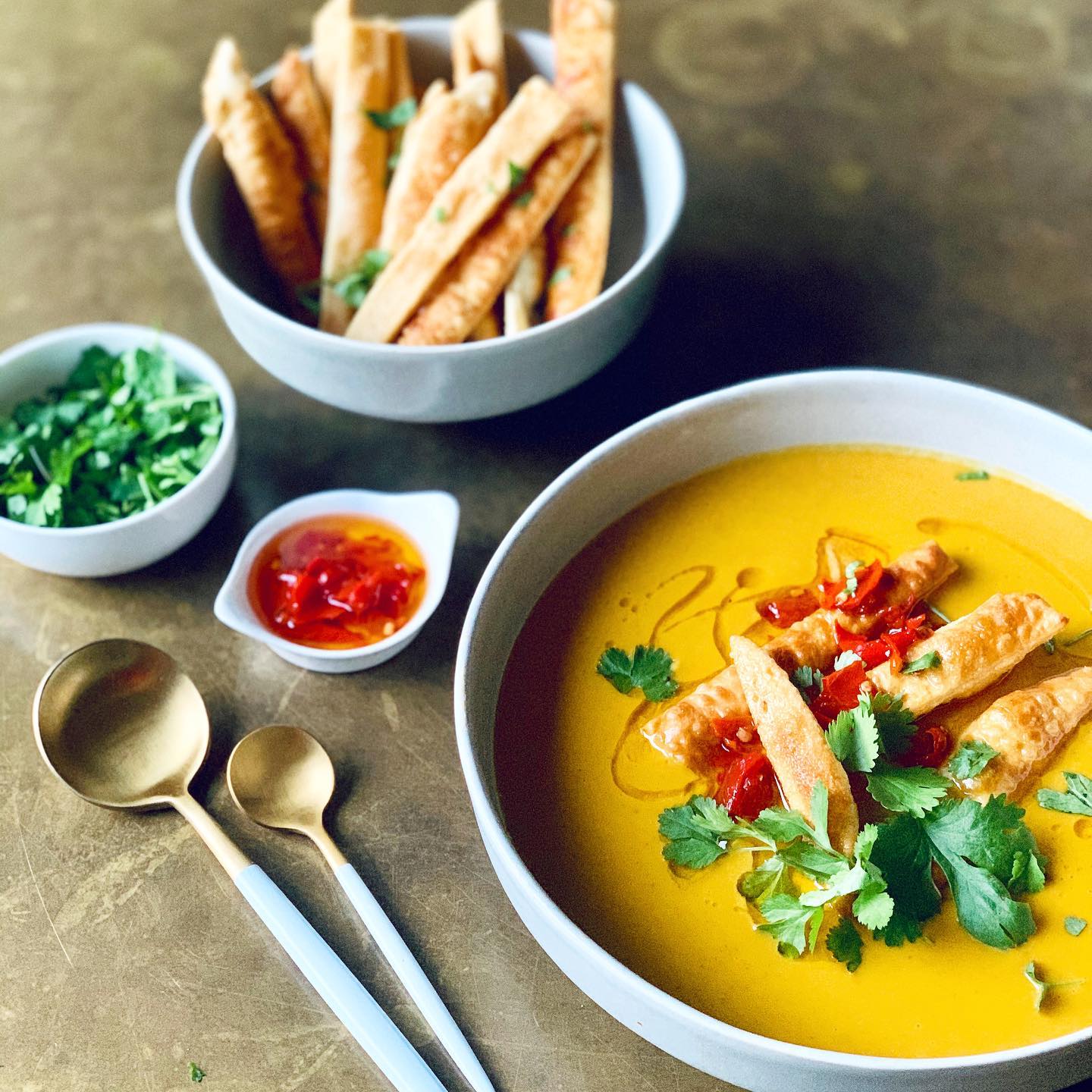 Thai Red Curry Pumpkin Soup with Wonton Strips