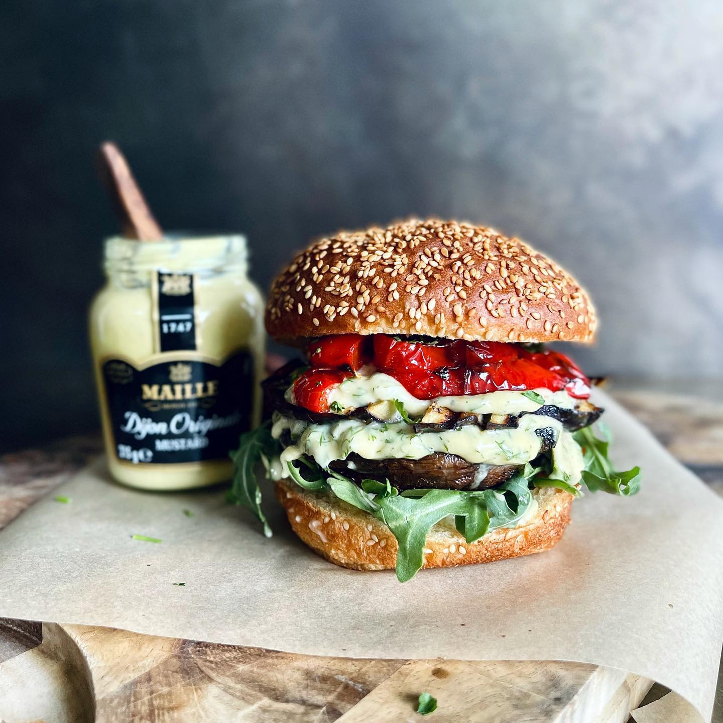 
Braaied Veggie Burgers with Maille Mustard Miso Mayo