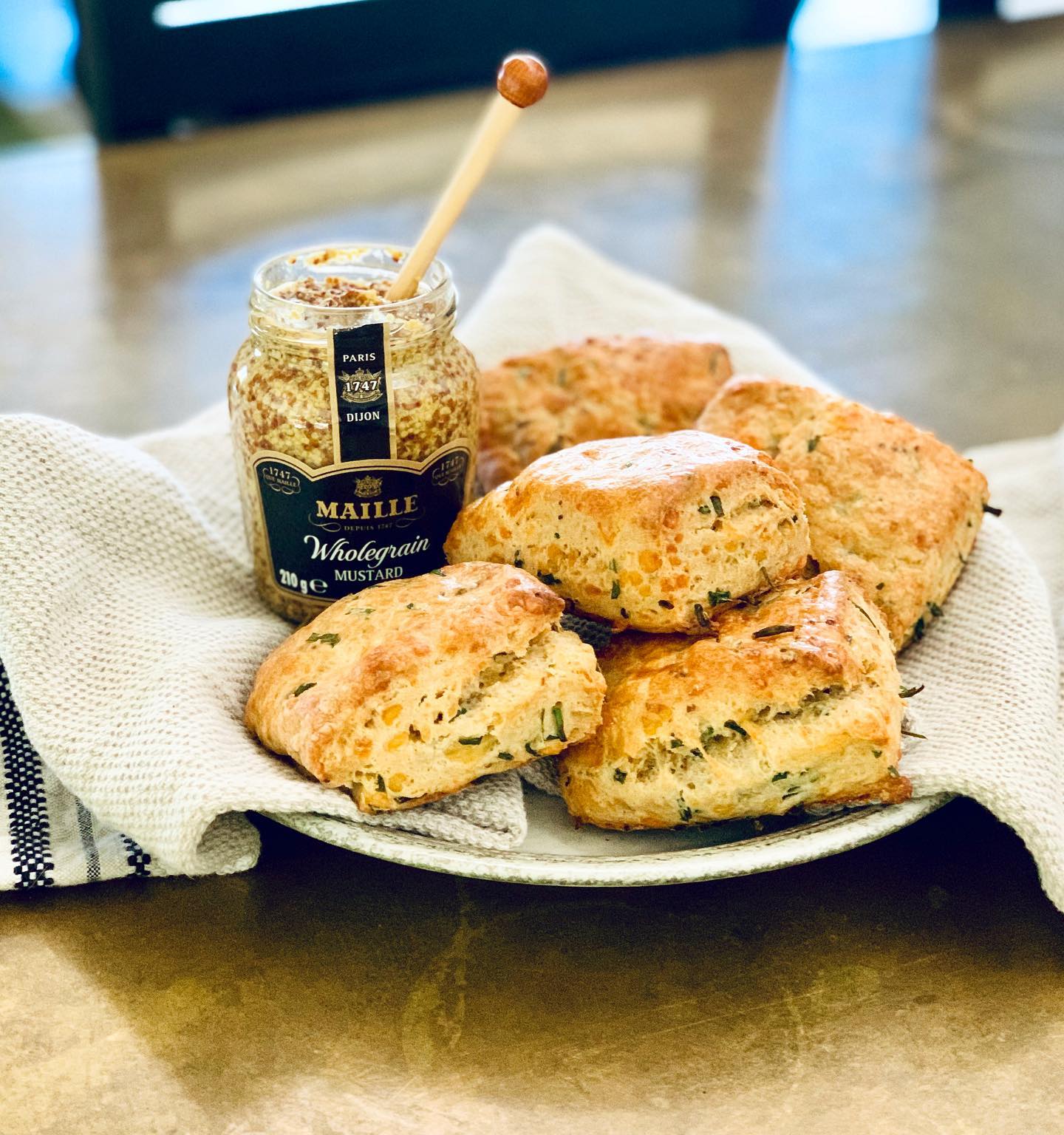 Flaky Cheese and Chive Scones with Maille Mustard