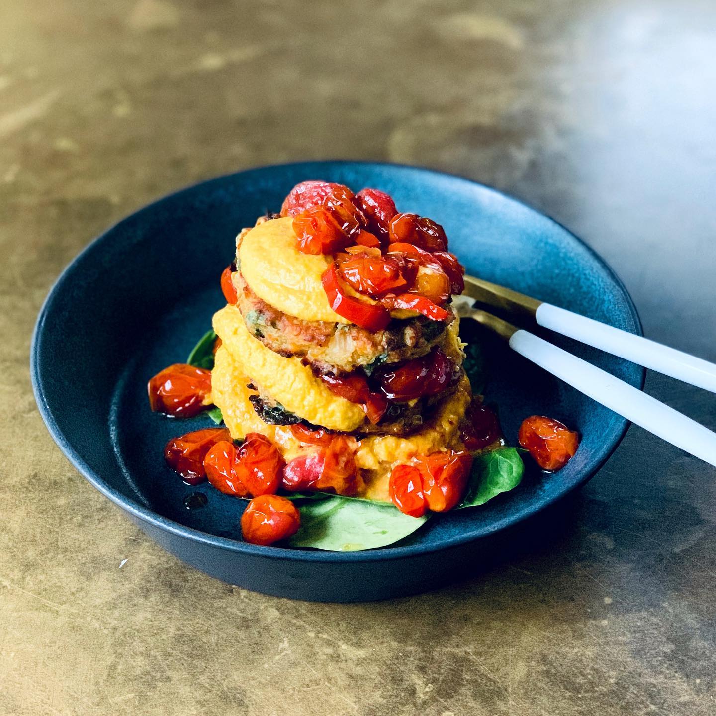 Caramelised Onion and Carrot Dip with Corn Fritter and Roast Cherry Tomato Stack