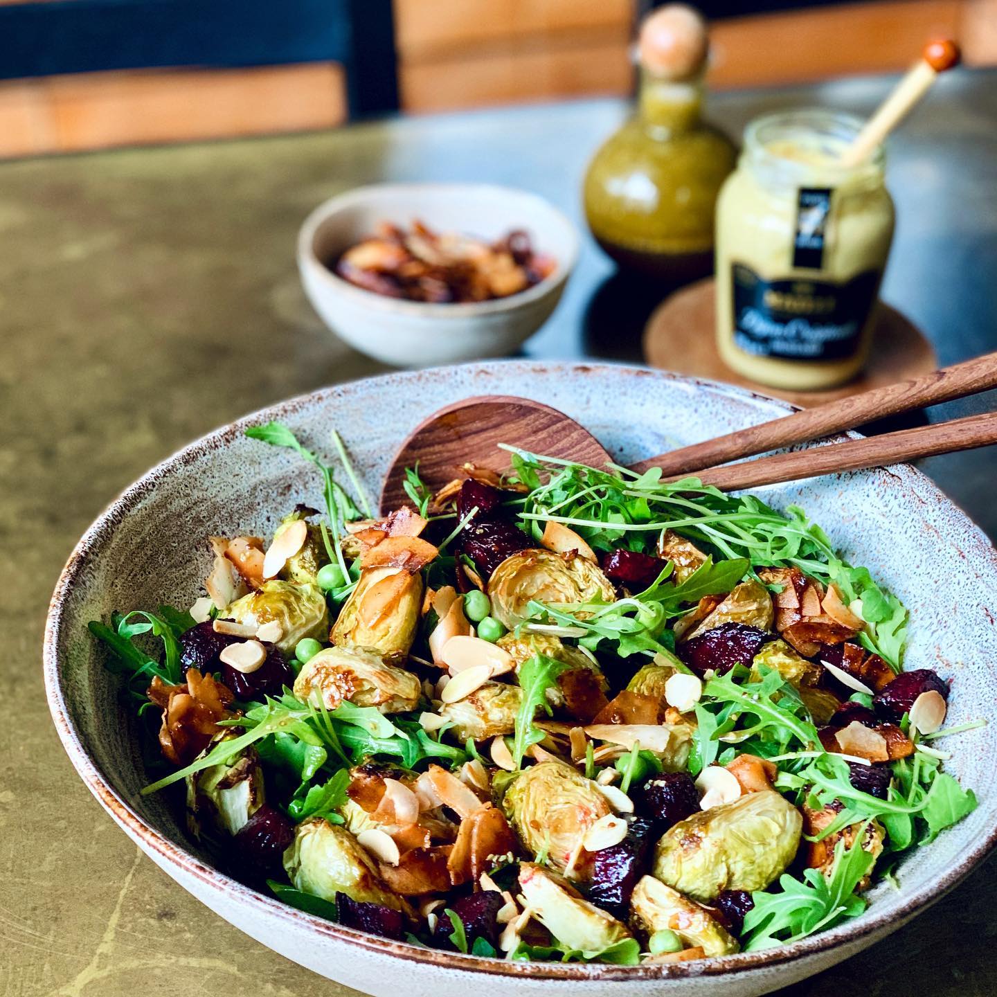 Maille Mustard Caramelized Brussels Sprout + Beetroot Salad with Coconut Bacon and Mustardy Vinaigrette