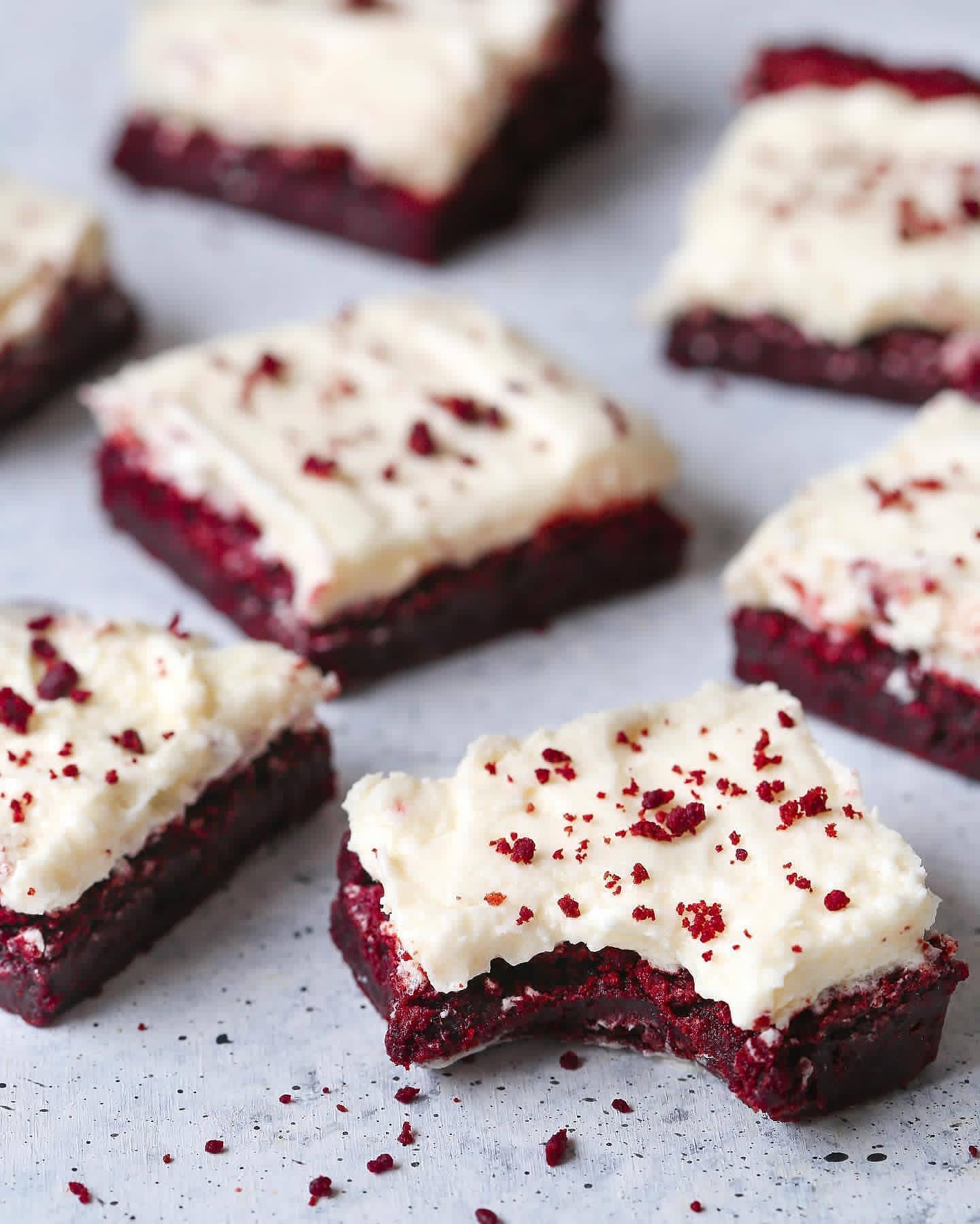 Decadent Gooey Red Velvet Brownies with Vanilla Frosting