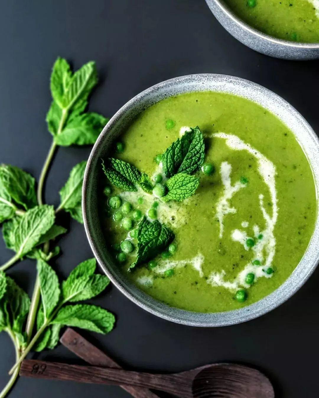 Pea Mint Soup with Crispy Croutons and Coconut Cream