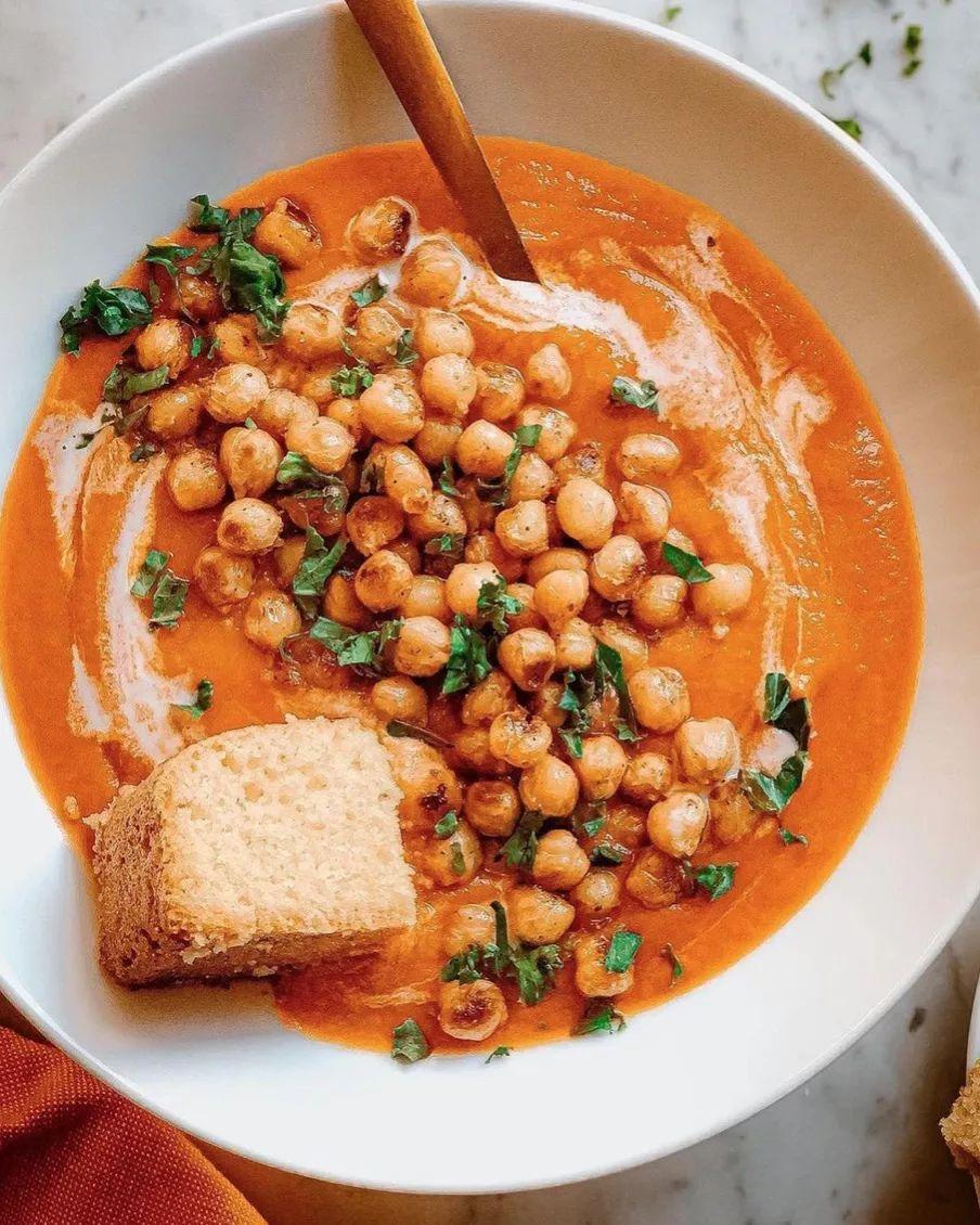 Curried Sweet Potato Soup with Roasted Chickpeas