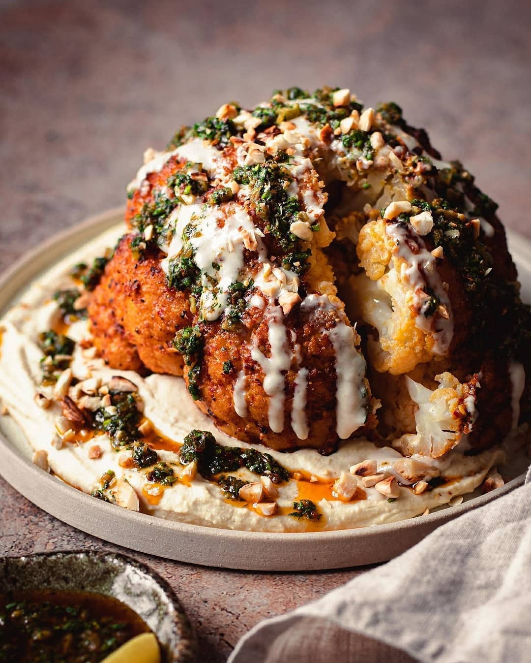 Roasted Cauliflower with Preserved Lemon Chermoula and Tahini Sauce