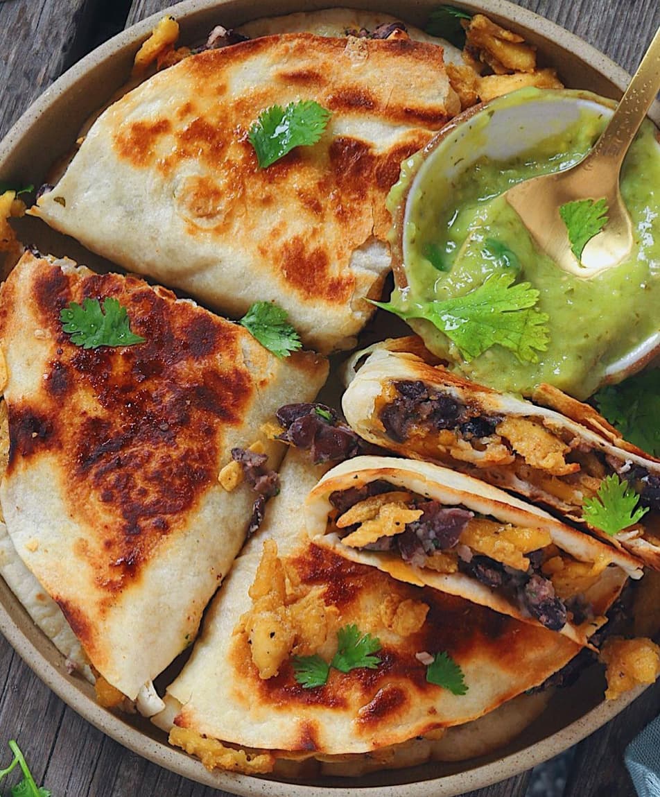 Shredded Tofu and Smashed Black Bean Quesadillas