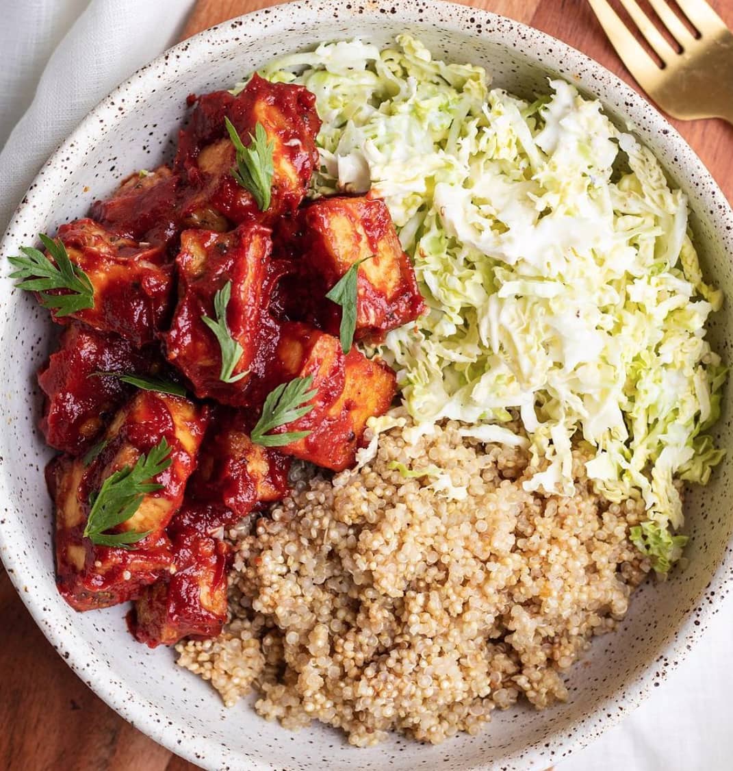 Barbecue Tofu Bowl with Slaw and Quinoa