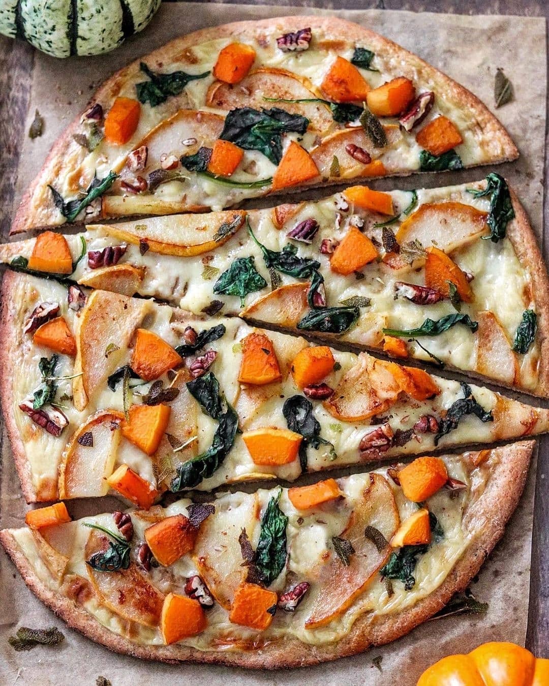 Thin Crust Pizza with Butternut Squash, Spinach and Caramelized Pear