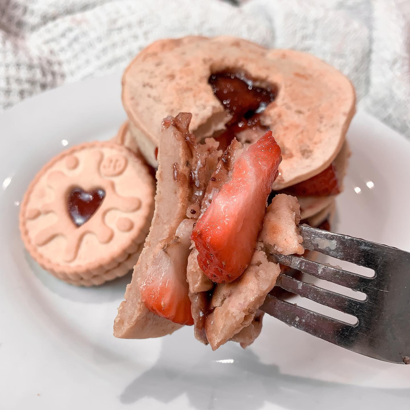 Jammie Dodger Pancakes with Salted Caramel Chia Batter