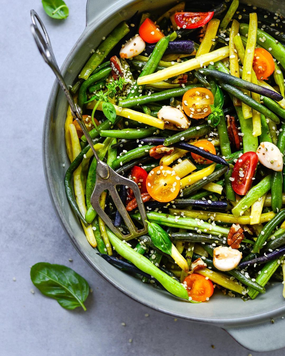 Colourful French Beans-Pecans Salad with Cherry Tomatoes,basil, Antipasti Garlic & Hemp Seeds