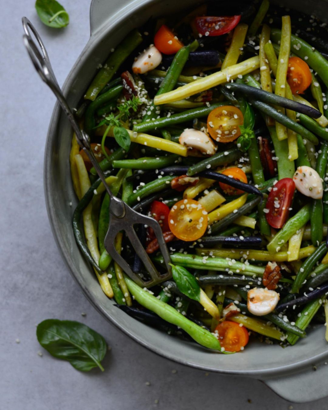 Colourful French Beans-Pecans Salad with Cherry Tomatoes,basil, Antipasti Garlic & Hemp Seeds