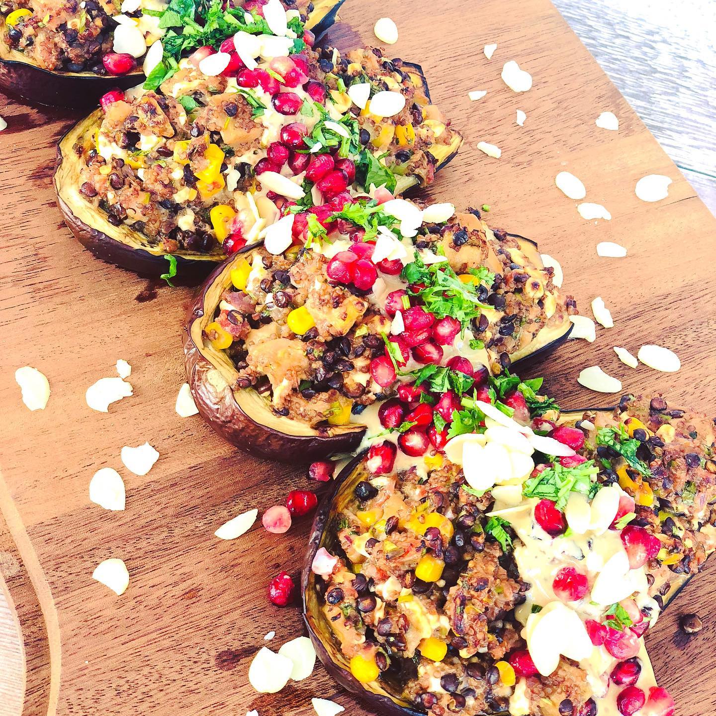 Vegan Grilled Aubergine Boats with Lentils and Quinoa