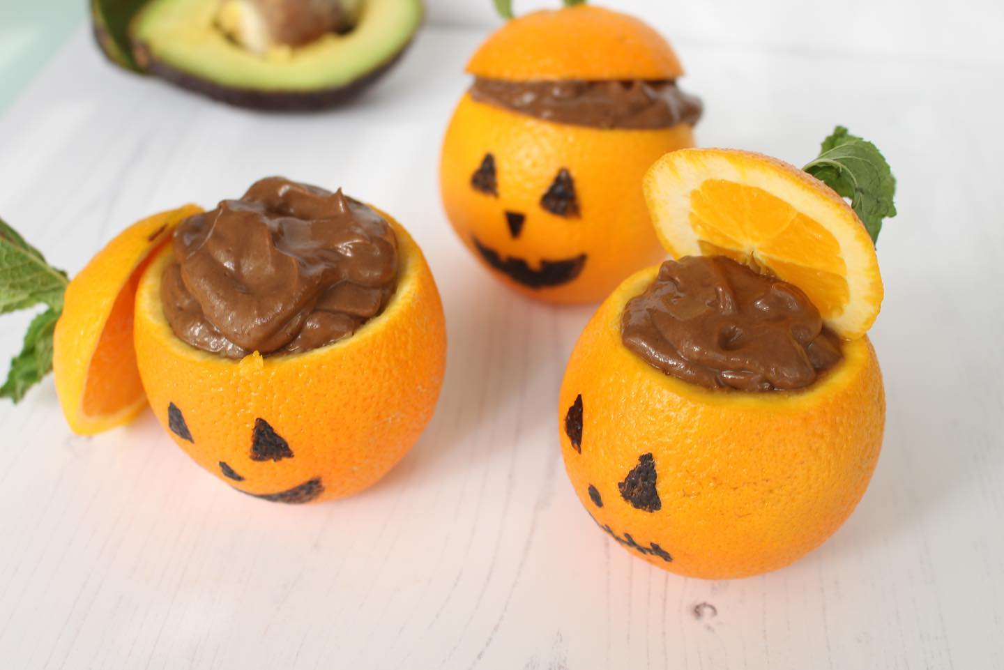 Avo-Choco-Banana Mousse in Orange Jack-O-Lanterns