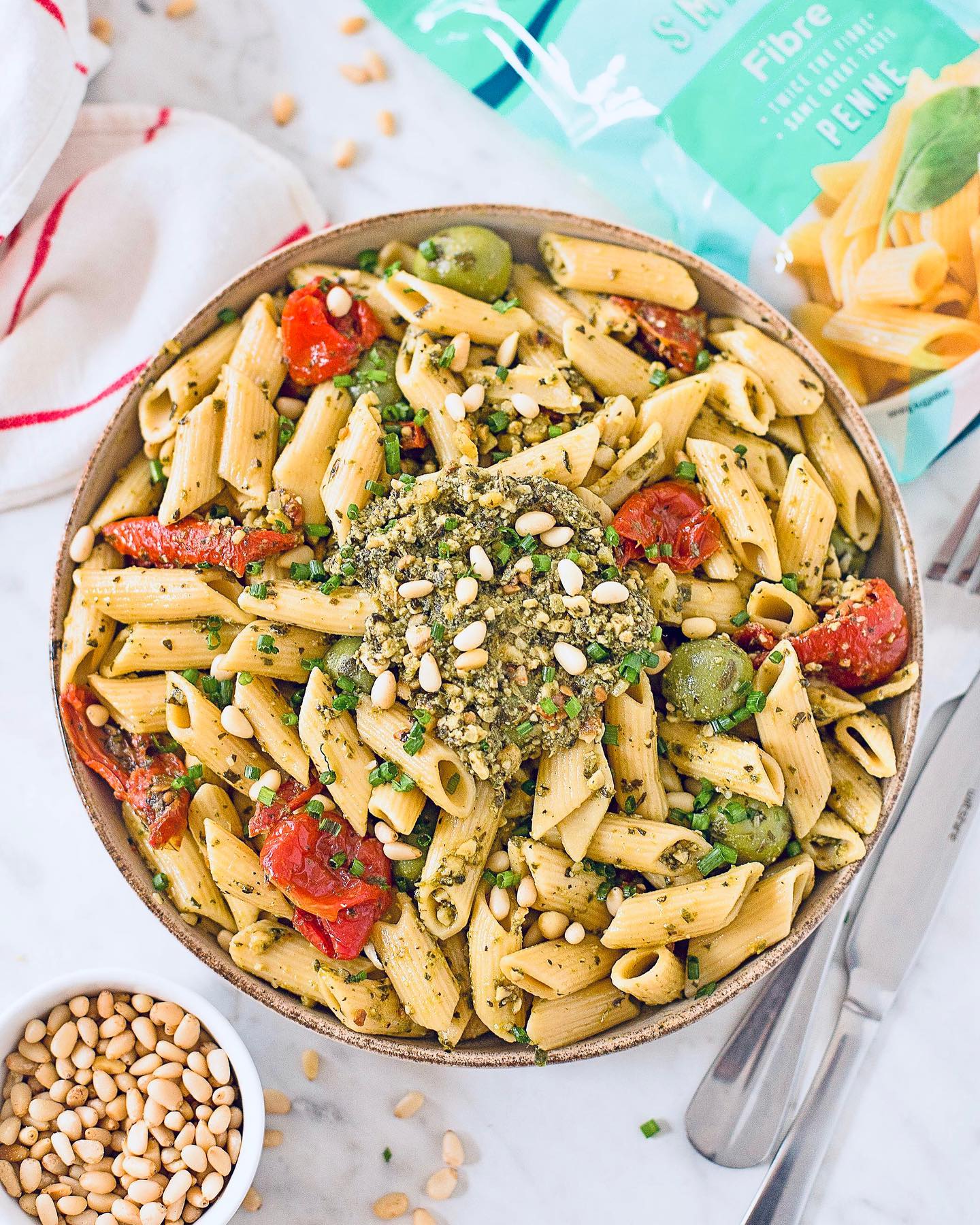 Quick Penne Pasta with Sun-Dried Tomatoes, Olives, and Pesto