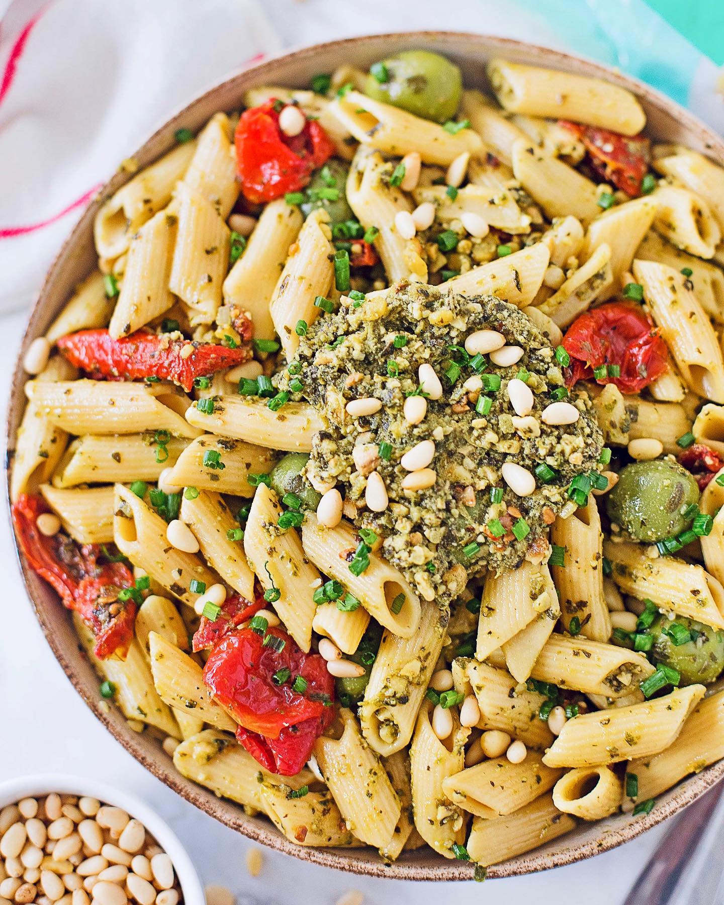 Quick Penne Pasta with Sun-Dried Tomatoes, Olives, and Pesto