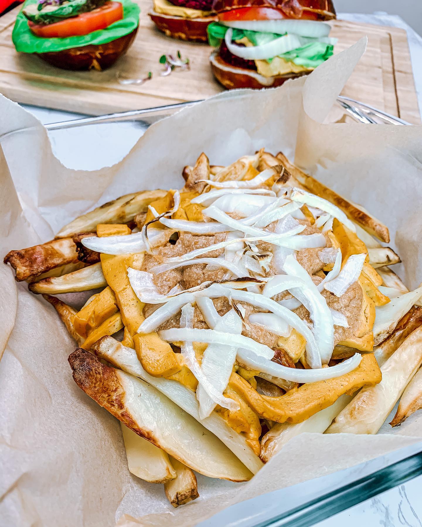 Vegan Animal Style Fries with Cheddar Cheese