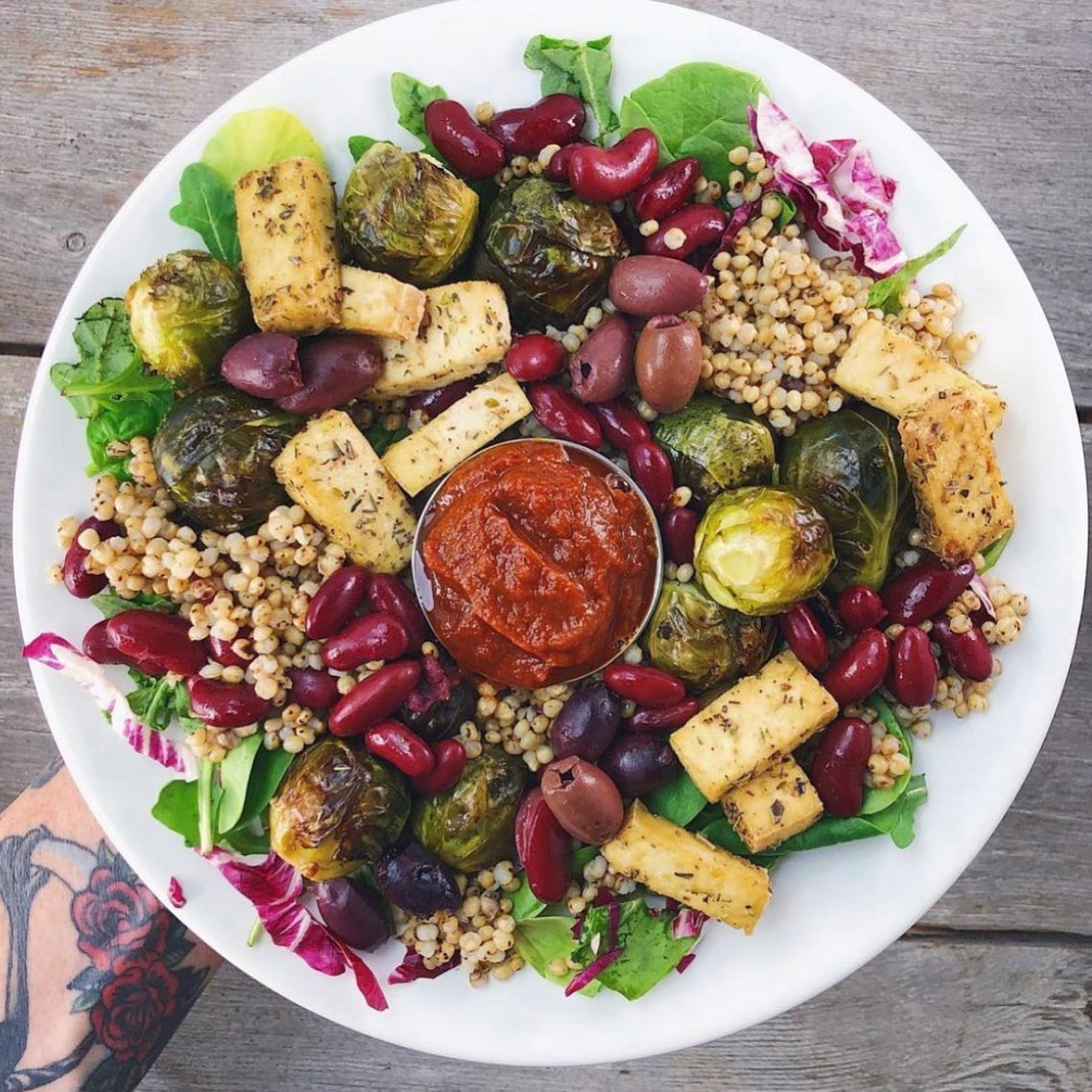 Colorful Vegan Grain Bowl with Tofu and Beans
