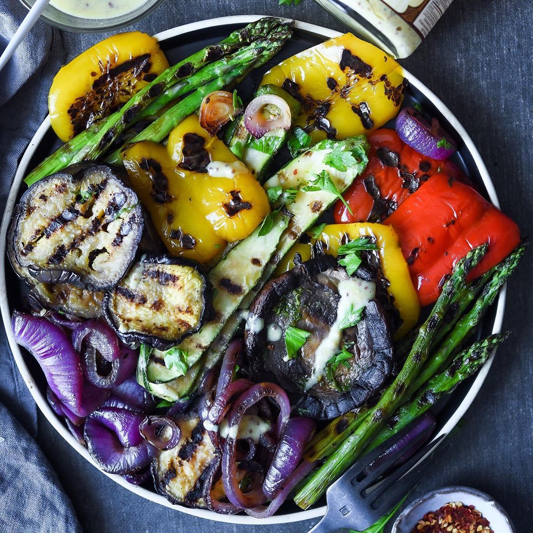 Big Batch of Grilled Summer Veggies Paired with a Creamy Mustard Dipping Sauce