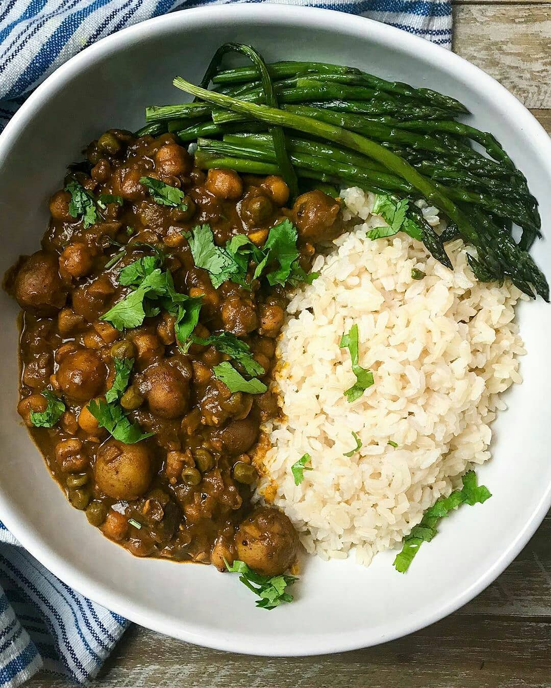 Chana Aloo Matar or Spicy Chickpea, Baby Potato and Pea Curry with Cilantro, Roasted Asparagus and Rice