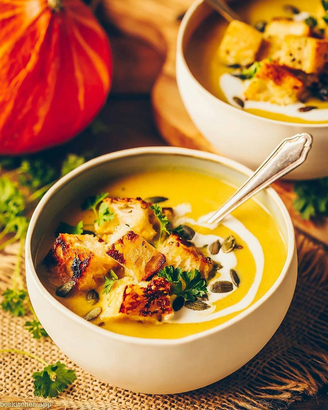 Delicious Bowl of Hearty Pumpkin Soup & Crispy Croutons