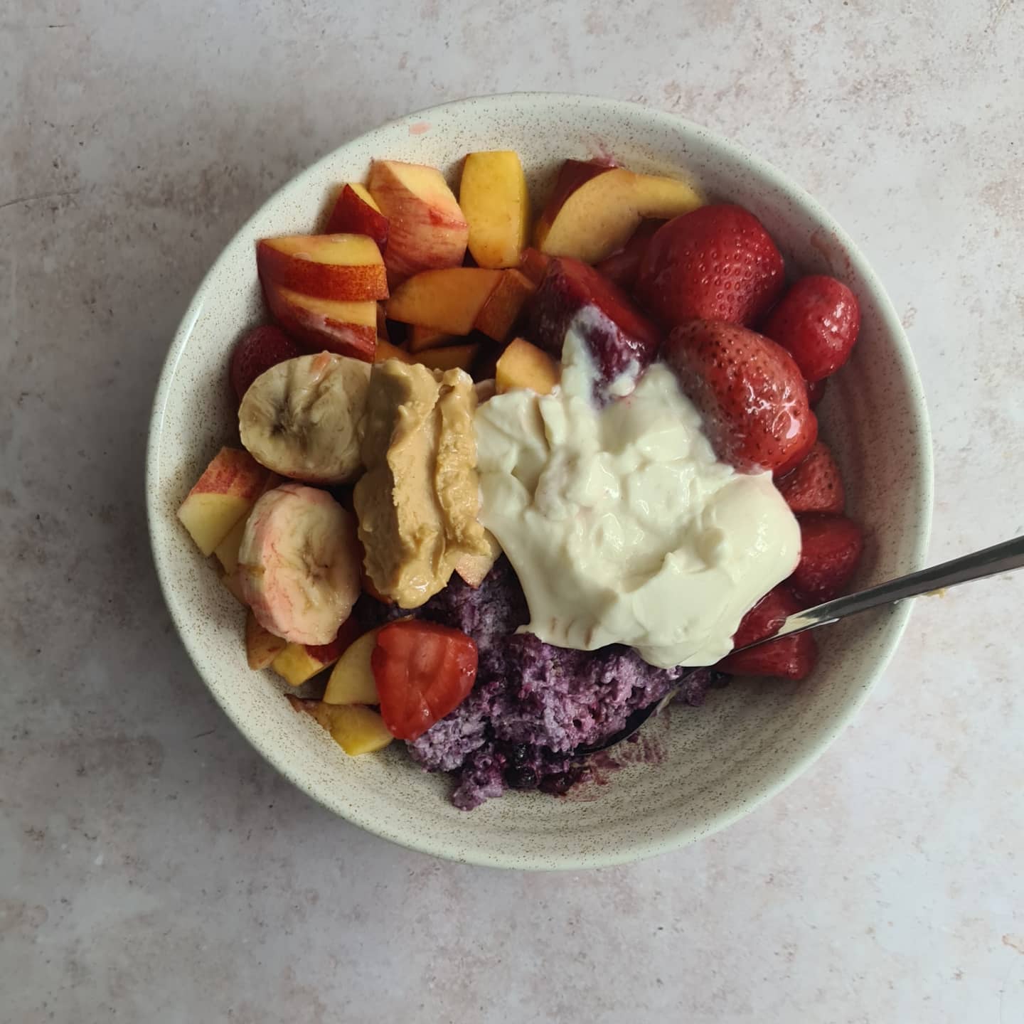 Blueberry Overnight Oats with Fruit Salad and Chocolate Ice Coffee