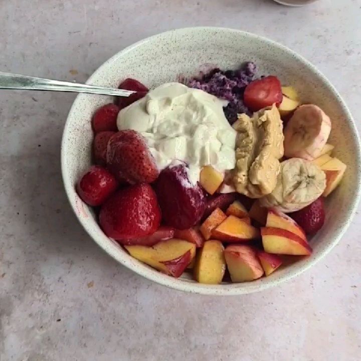 Blueberry Overnight Oats with Fruit Salad and Chocolate Ice Coffee
