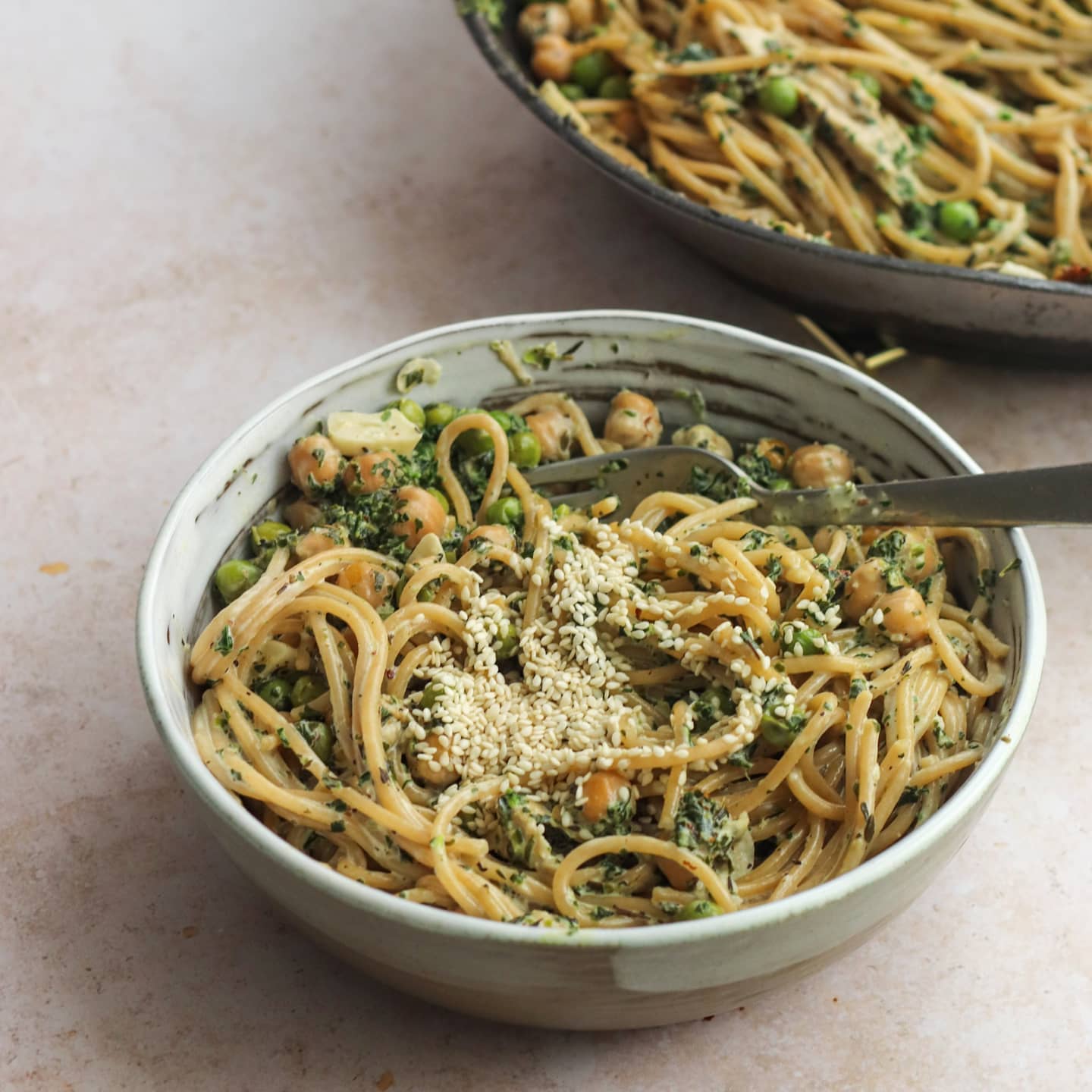 Creamy Garlic & Thyme Spaghetti with Chickpeas and Greens