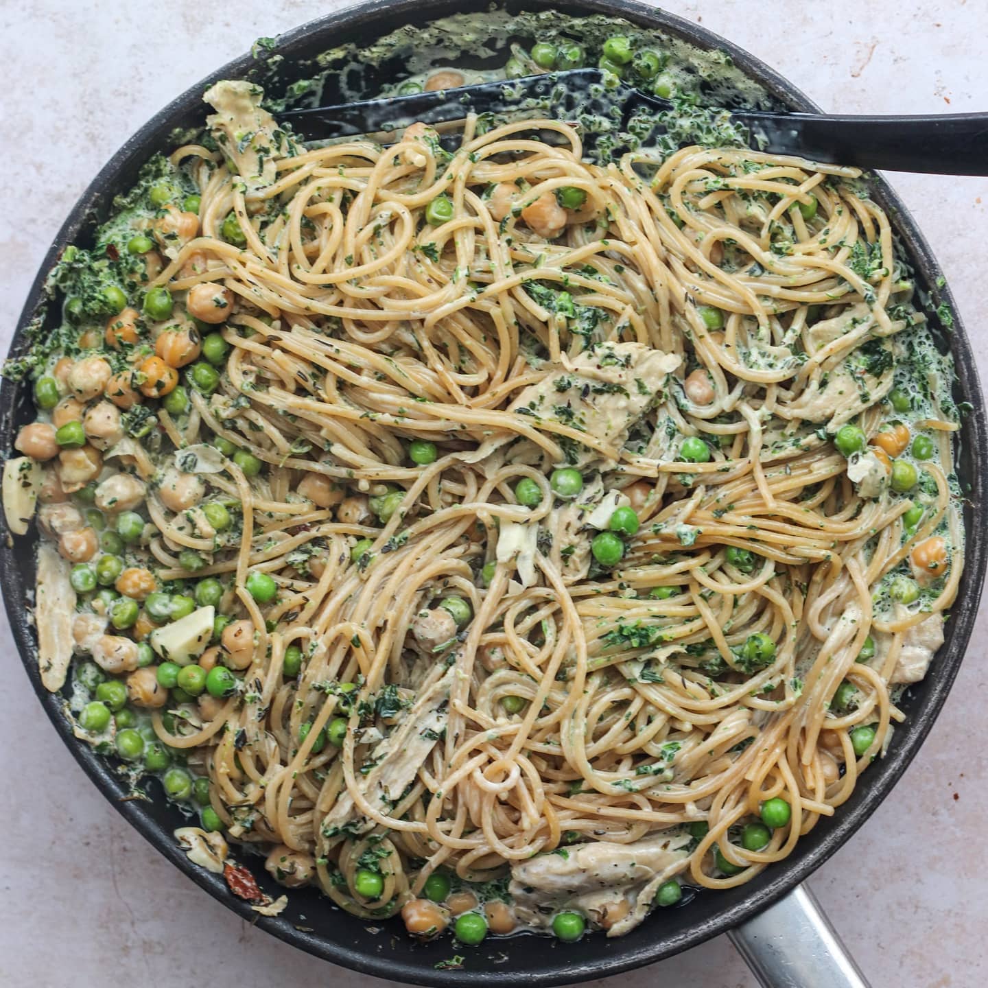 Creamy Garlic & Thyme Spaghetti with Chickpeas and Greens