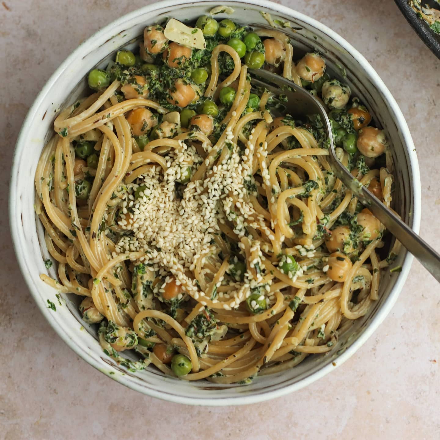Creamy Garlic & Thyme Spaghetti with Chickpeas and Greens