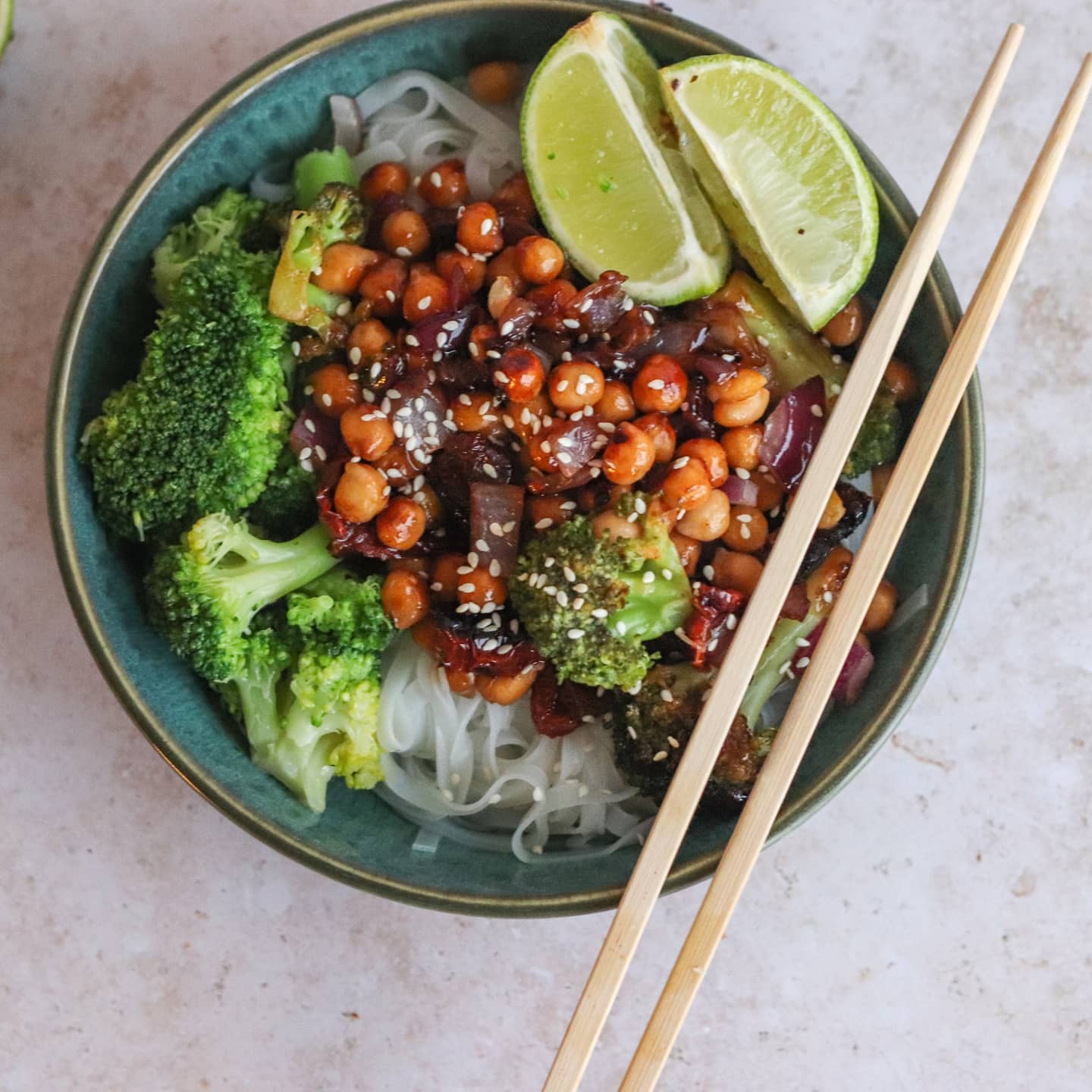 Teriyaki Fried Chickpeas and Veggies with Rice Noodles