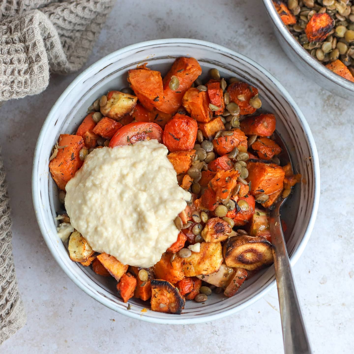 Flavorful Green Lentils with Roasted Veggies and Hummus