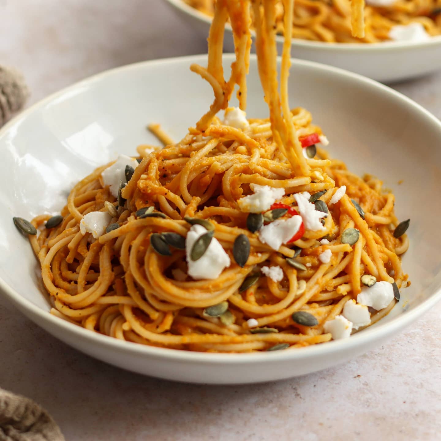 Butternut Squash Spaghetti with Vegan Greek Cheese and Pumpkin Seeds