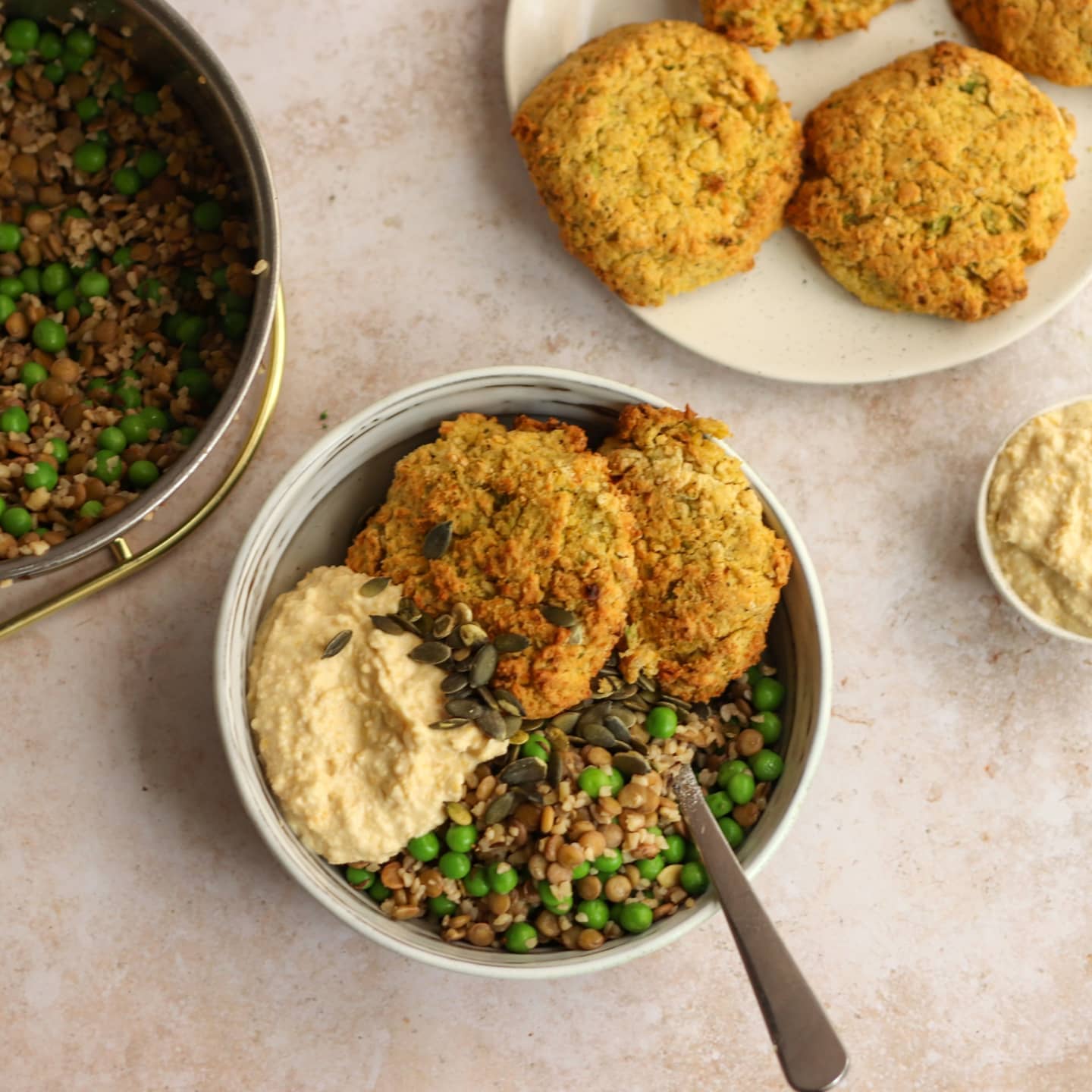 Chickpea Patties with Lentil Bulgur Salad and Hummus