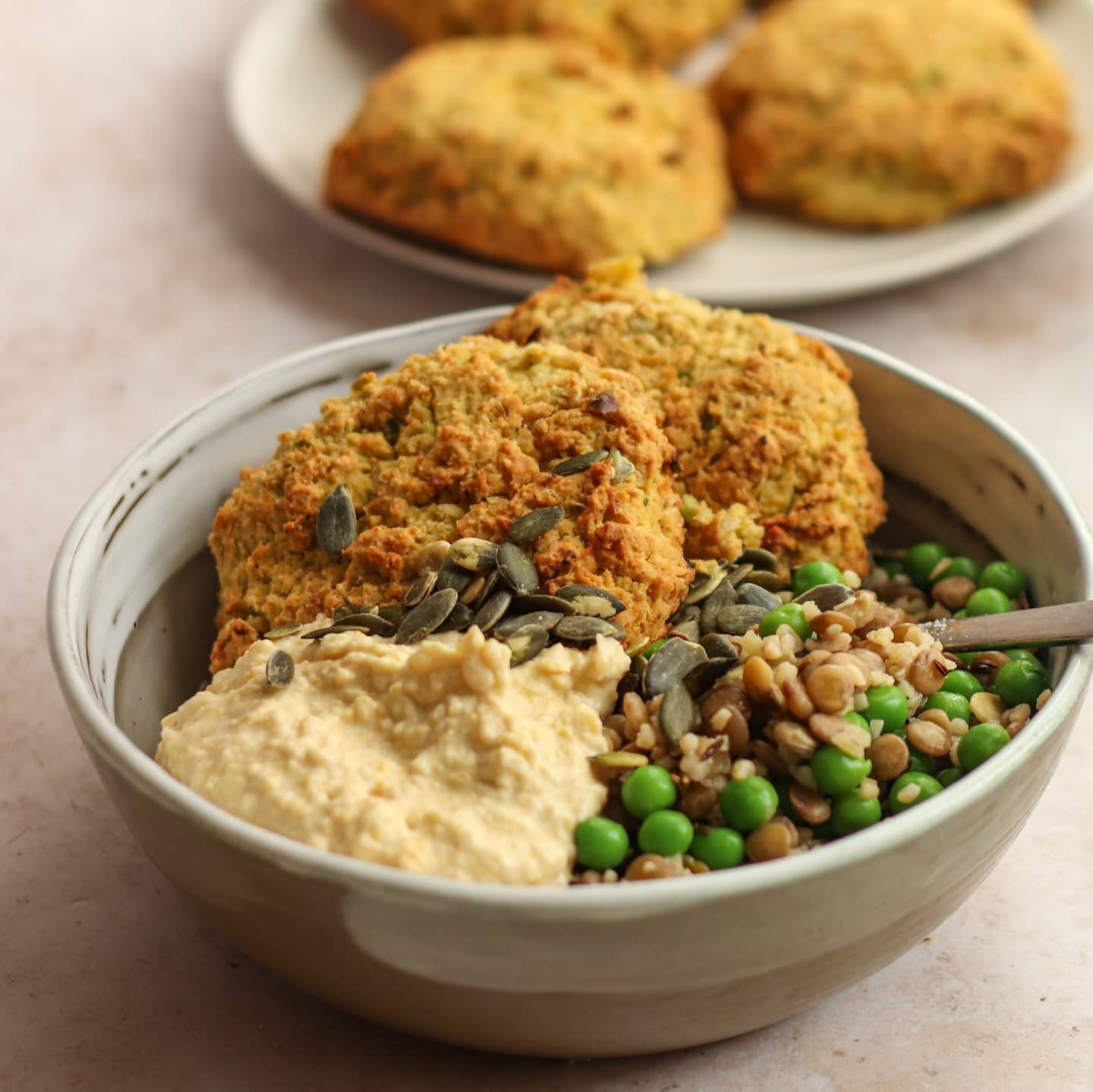 Chickpea Patties with Lentil Bulgur Salad and Hummus