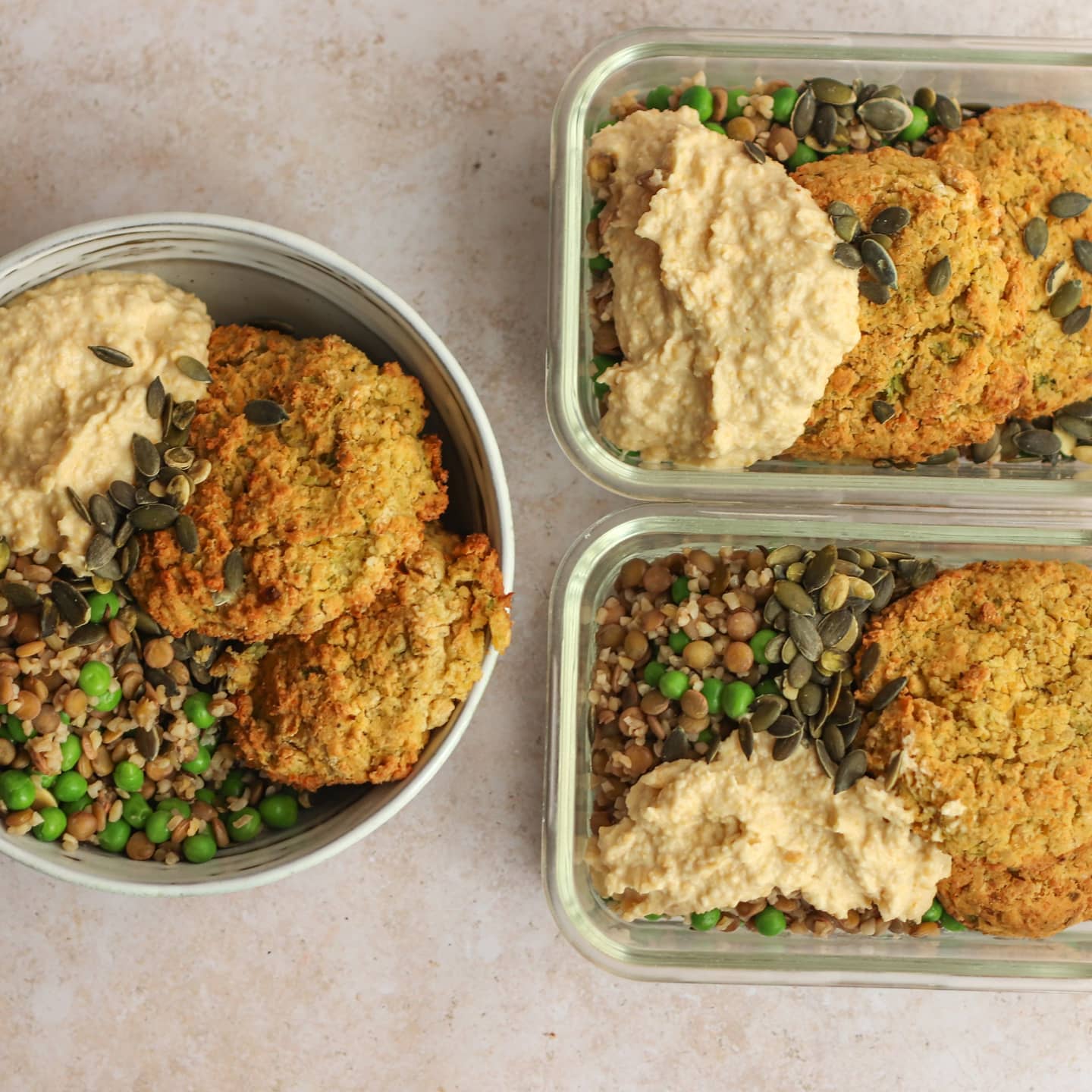 Chickpea Patties with Lentil Bulgur Salad and Hummus