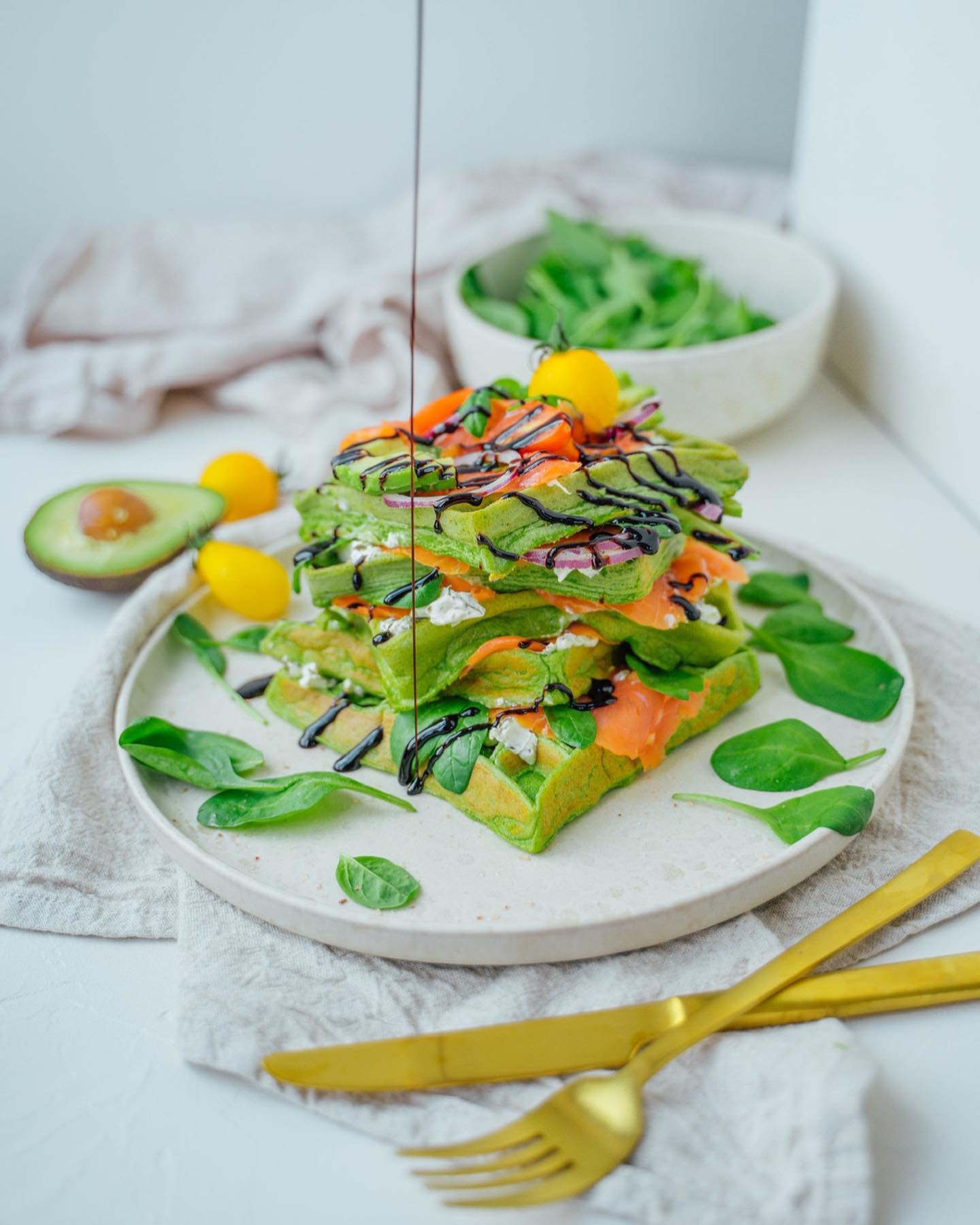 Savory Spinach Waffles with Salmon and Avocado