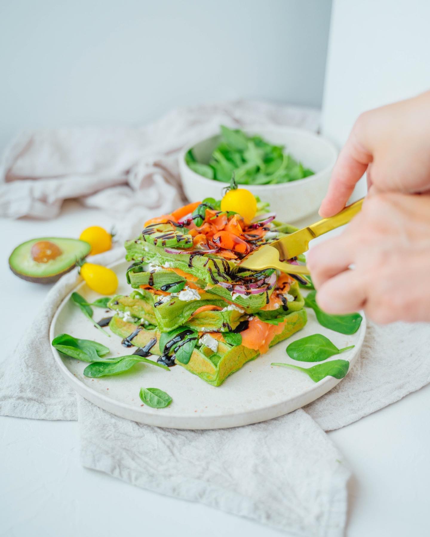 Savory Spinach Waffles with Salmon and Avocado