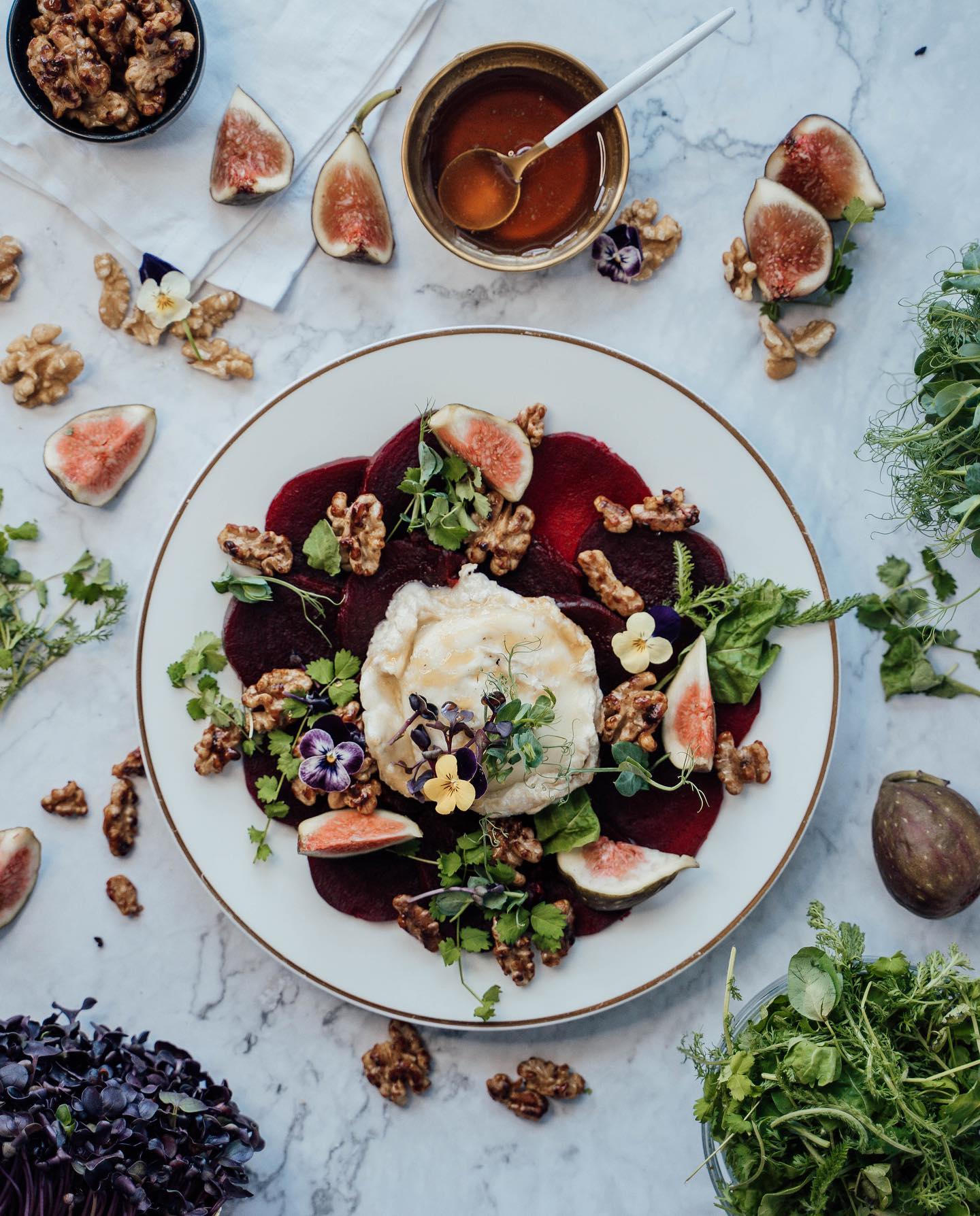 Beet Carpaccio with Goat Cheese, Walnuts, and Figs