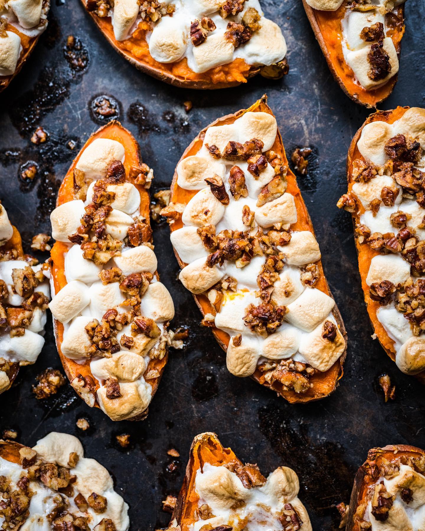 Twice Baked Sweet Potatoes with Marshmallows and Pecans