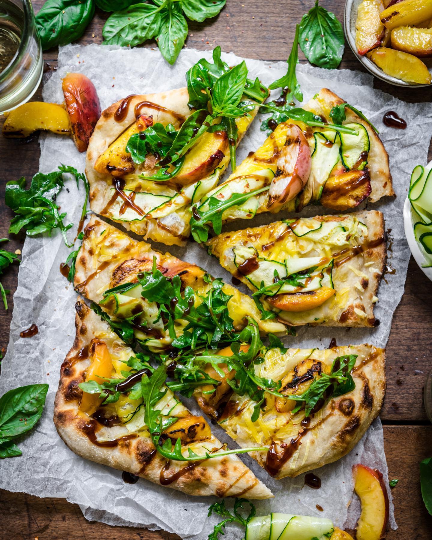 Grilled Peach, Arugula & Zucchini Flatbread with Fieldroast Chao Creamery Creamy Original Shreds