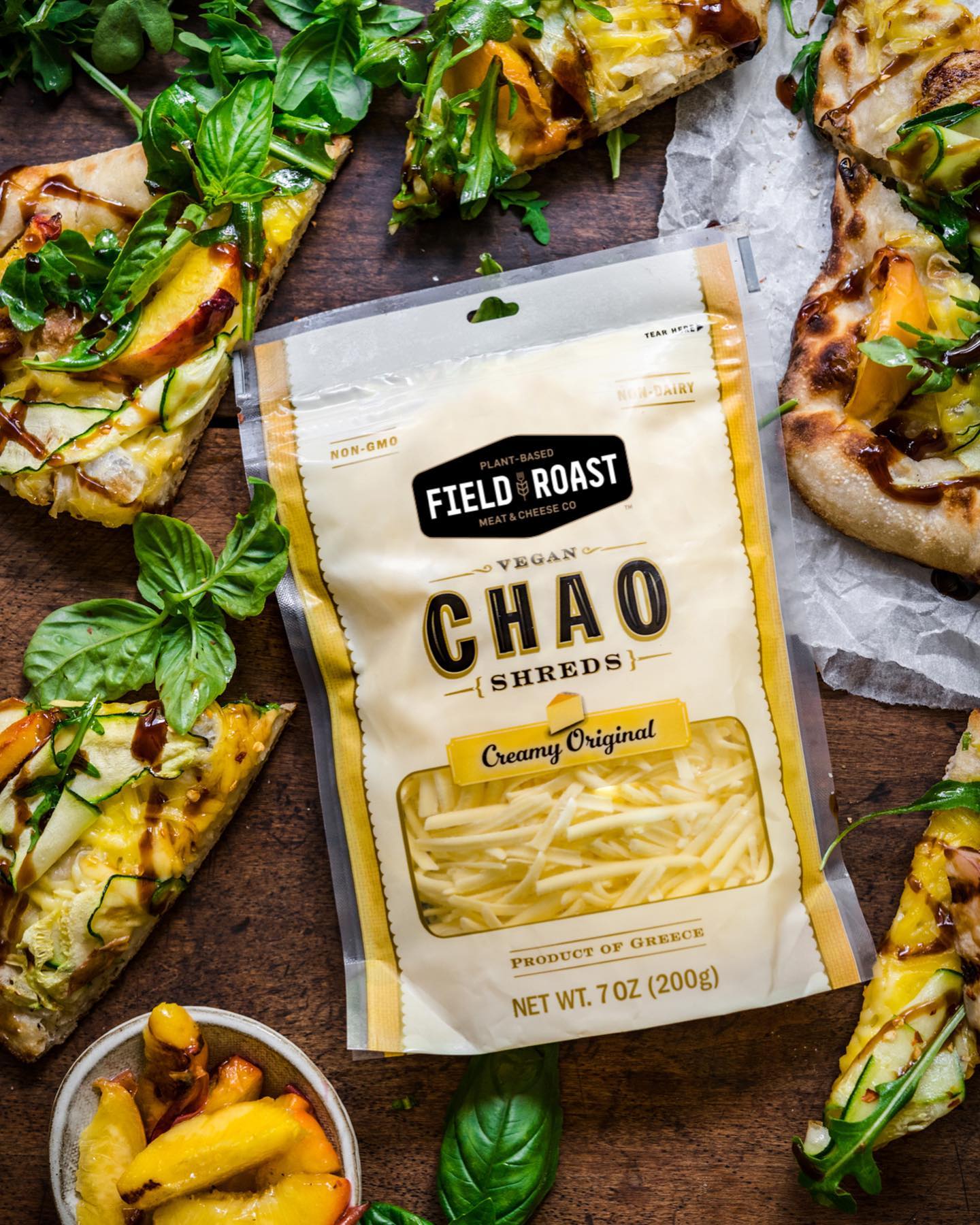 Grilled Peach, Arugula & Zucchini Flatbread with Fieldroast Chao Creamery Creamy Original Shreds